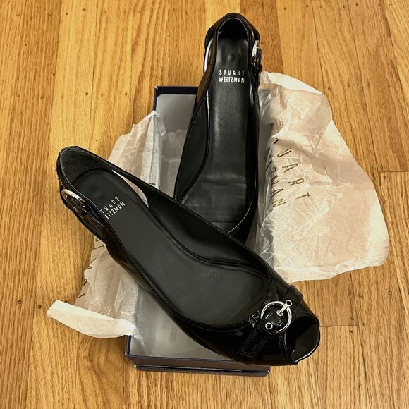 Stuart Weitzman Shoes - Stuart Weitzman 'Chitchat' Peep Toe Black Patent Leather Ballet Flats ~Size 11~